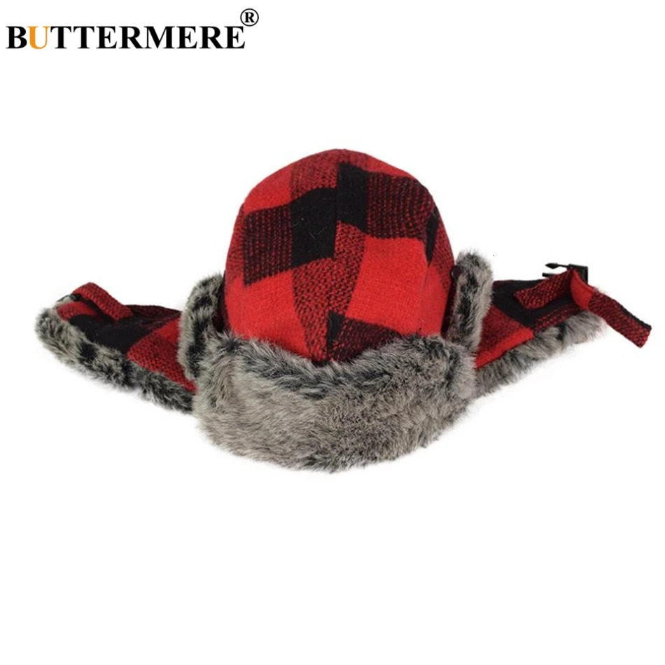 Buttermere Winter Bomber Hat Womens Grey Checkered Russian Ushanka Hat Warm Thick Skiing Mens and Womens Outdoor Earrings Trap Hat 241106