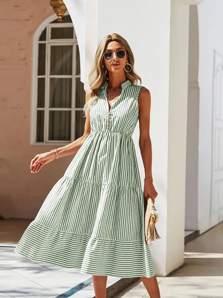 Ladies Vintage Boho Summer Dress Women Sleeveless Casual Holiday Striped Shirt Sundress Outfits Female Robe Vestidos 240329