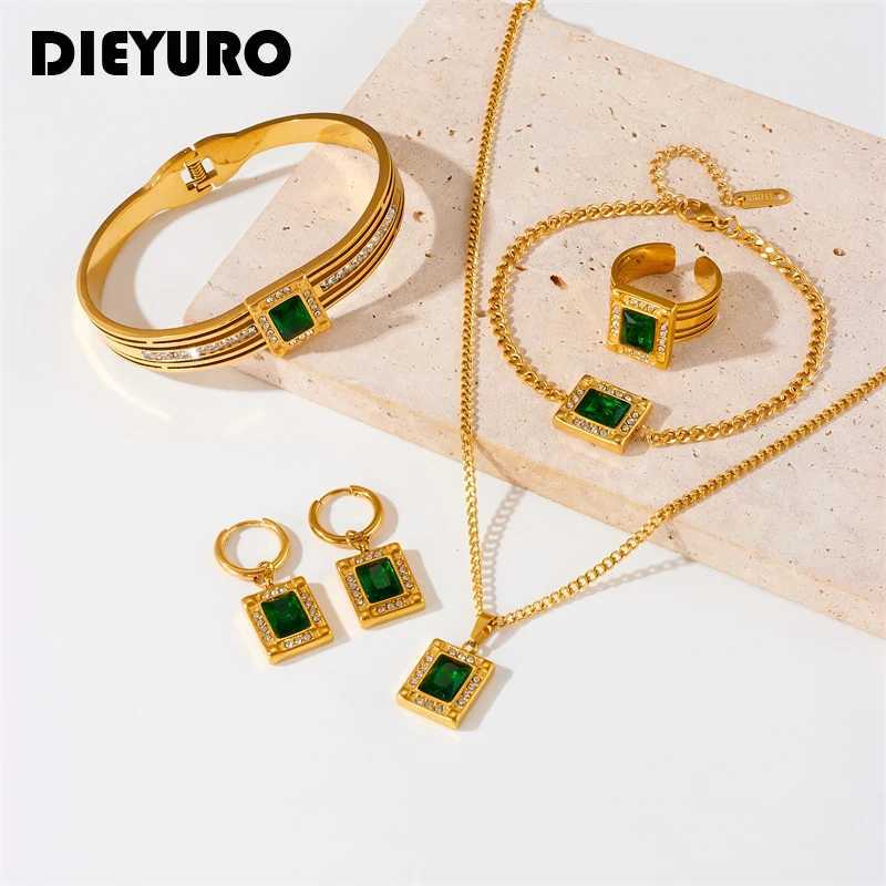 DIEYURO 316L stainless steel Geely green zircon necklace bracelet earrings used for warm and trendy jewelry 5-piece set party gifts X241106