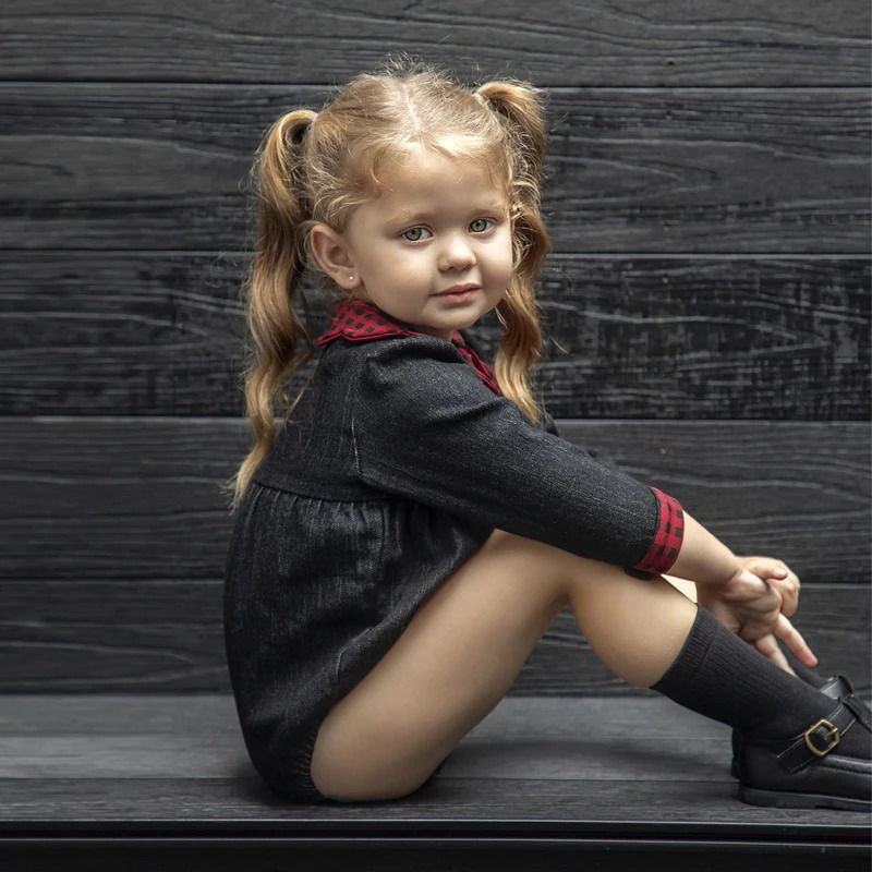 Ali-Plus family denim clothing set black denim children cute girls dress shirt top baby romper for autumn red plaid edge 241106