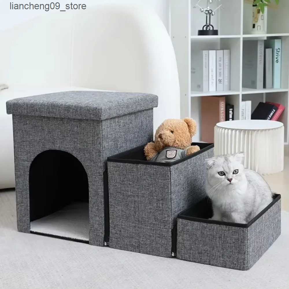 kennels pens Folding Thick Puppy Staircase W/Storage Box Durable Dog Bed 3-level Staircase Ramp W/Dog Accessories Hole Cat Bed L240910