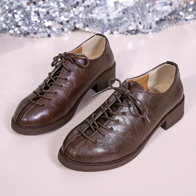 2024 Spring and Autumn British casual small leather shoes, low heel strap women's singles shoes, round toe simple soft leather block shoes