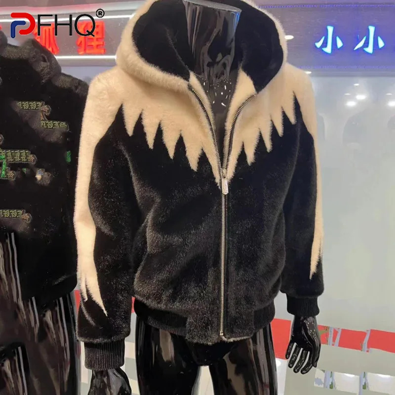 PFHQ Winter Mink Fur Hooded Mens Coat One-piece Casual Jacket Warm 2024 Contrast Color Long Sleeve Male Tops 241106