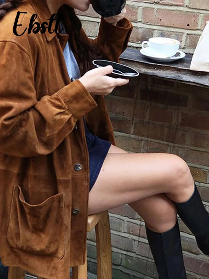 Vintage Lapel Suede Jackets Women Loose Single Breasted Long Sleeve Pockets Coats 2024 Autumn Winter Lady Casual Outwear 241106