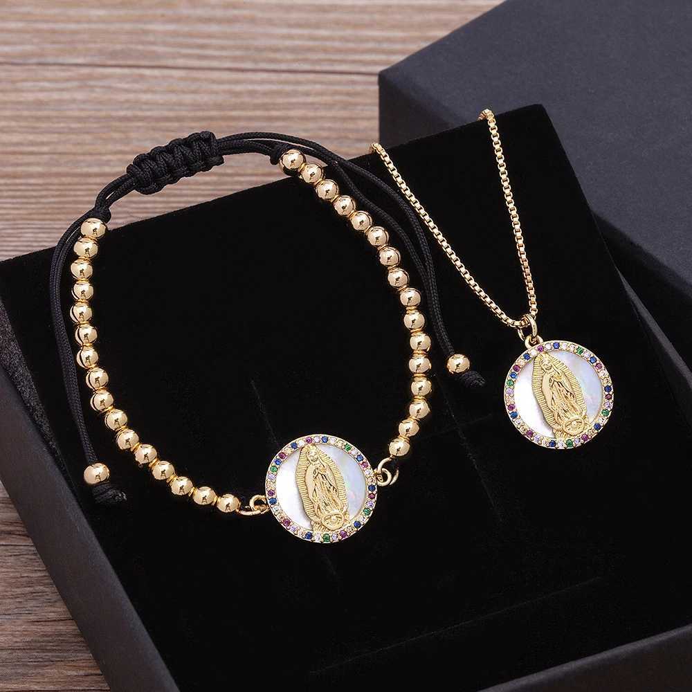Nidin New Fashion Color Zircon Virgin Mary Copper Charm Chain Necklace Bracelet Jewelry Set X241106