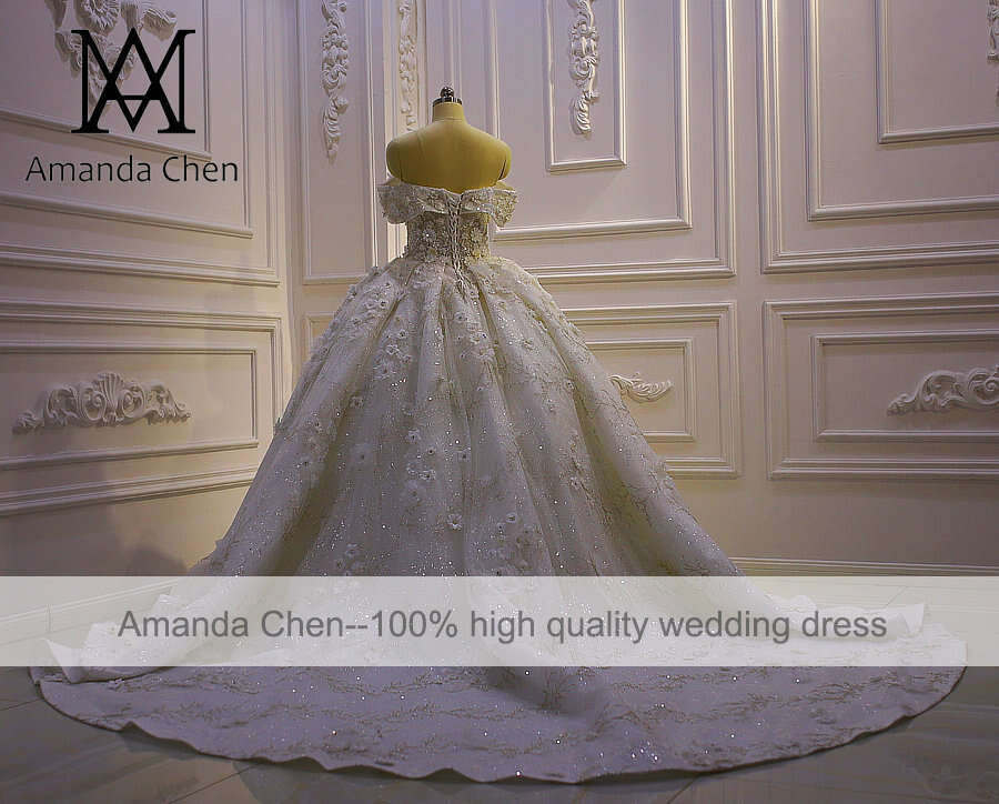 Customized vestido novia civil Off Shoulder Lace Appliqued 3D wers Wedding Dress