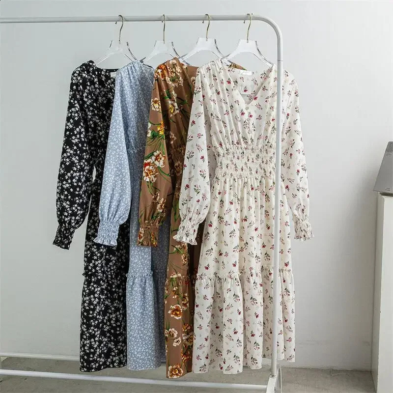 Spring Chiffon Dress Women Casual Dresse Vestidos Female Printed Floral Long Sleeve Vneck Aline Midi Dresses Plus Size M3XL 240329