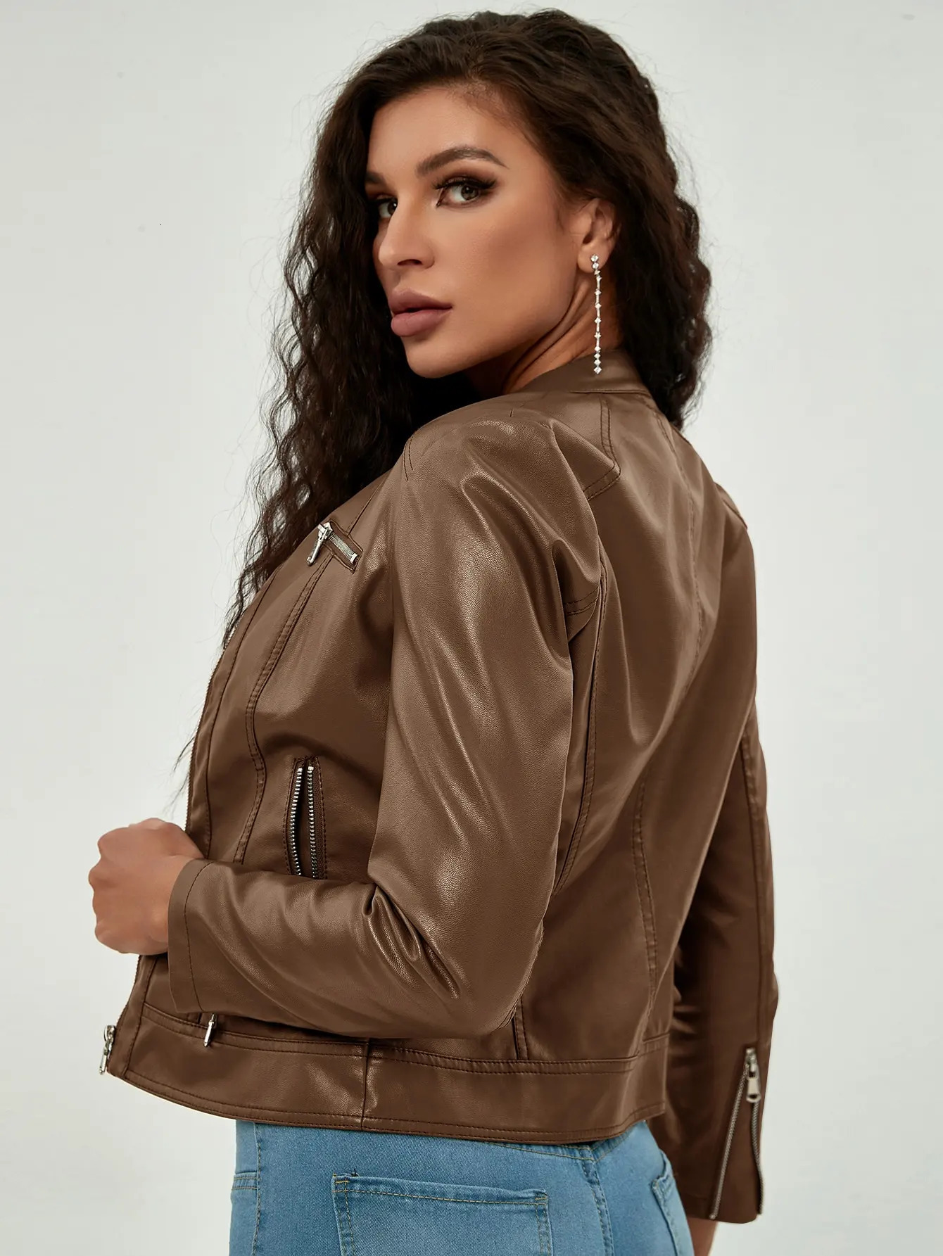 Womens Fashion Trend Simple Autumn Winter Analog Collar Zipper PU Leather Motorcycle Jacket 241106