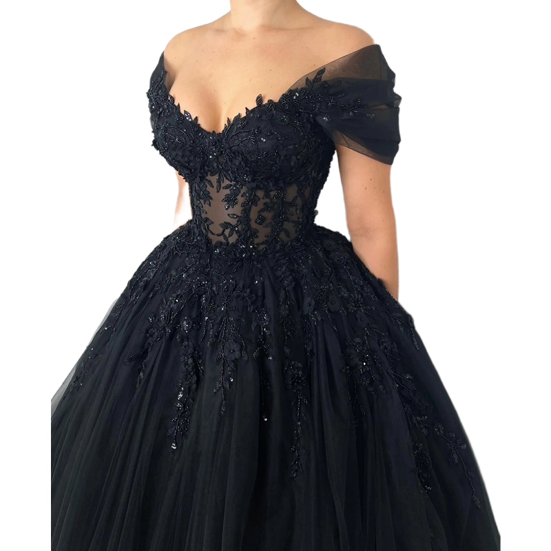 2024 Beaded Black Gothic Wedding Dresses Off The Shoulder Short Sleeves Princess Tulle Bridal Gowns 3D Floral Appliques Sweep Train Vintage Bride Wear