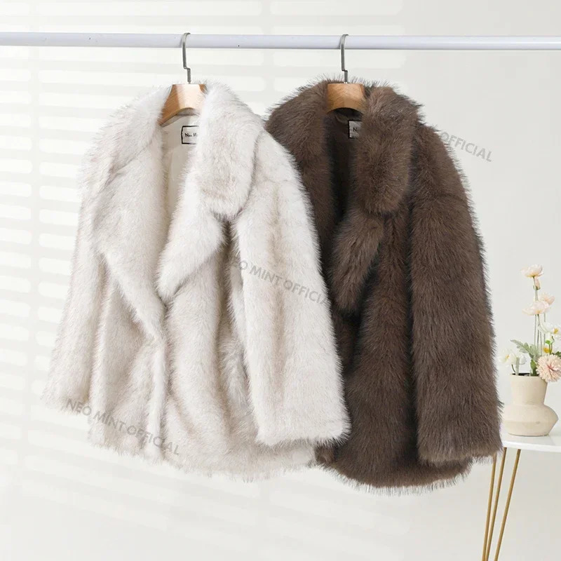Neo Mint Winter Ins Fashion Girls Oversized Gradient Fur Coat Women Thick Warm Outerwear Fluffy Faux Fox Jacket 241104