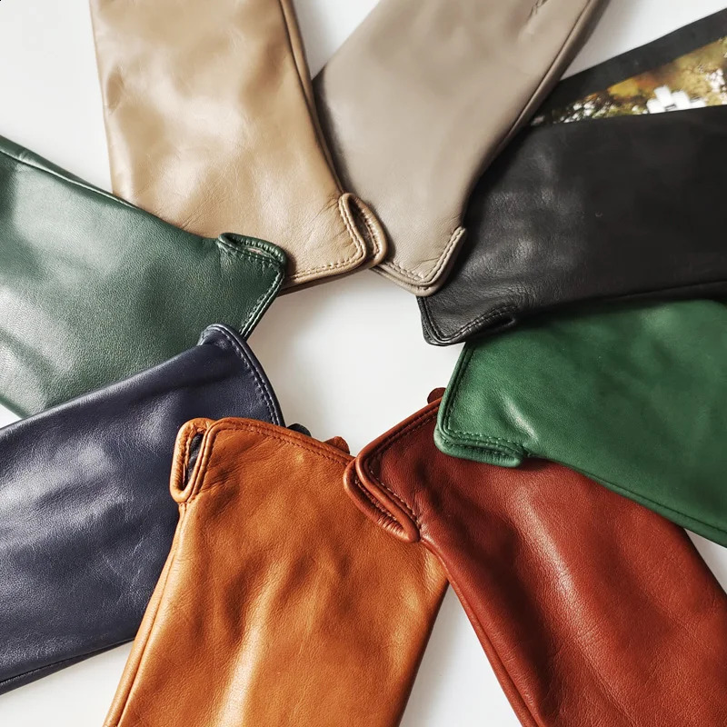 Womens elegant leather wool lining winter goat skin touch screen casual cycling warm short gloves 241105