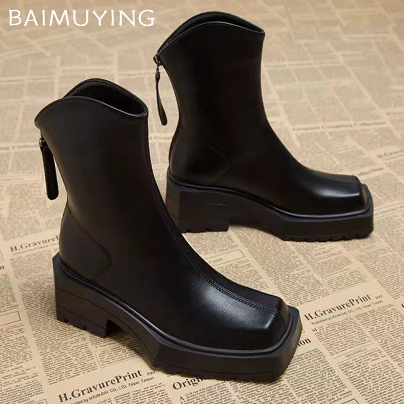 Platform Women Snow Ankle Boots Mid Heels Retro Shoes Square Toe Motorcycle Boots Trend Winter Leather Chunky Botas Mujer 241106