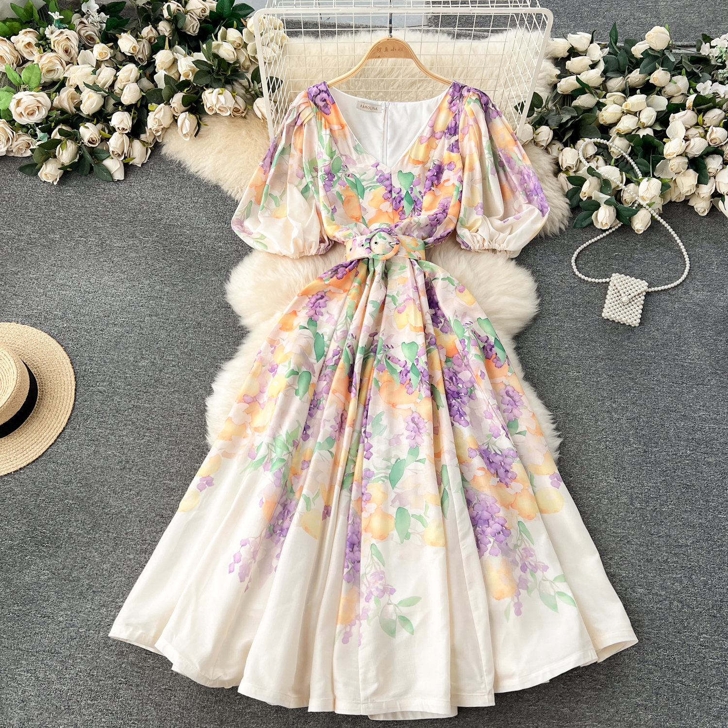 Dresses Fashion Summer Holiday Ral Print Robe Dress Short Puff Sleeve V-Neck A-E Belt Beach Party Vestidos Women En Maxi Clothes
