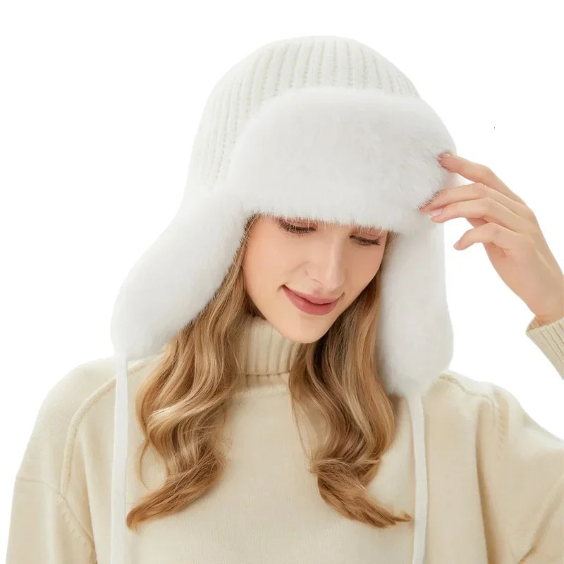 Gorros Winter Female Russian Ushanka Bomber Hat Pilot Trap Hat Artificial Rabbit Fur Earrings Snow Hat 241106