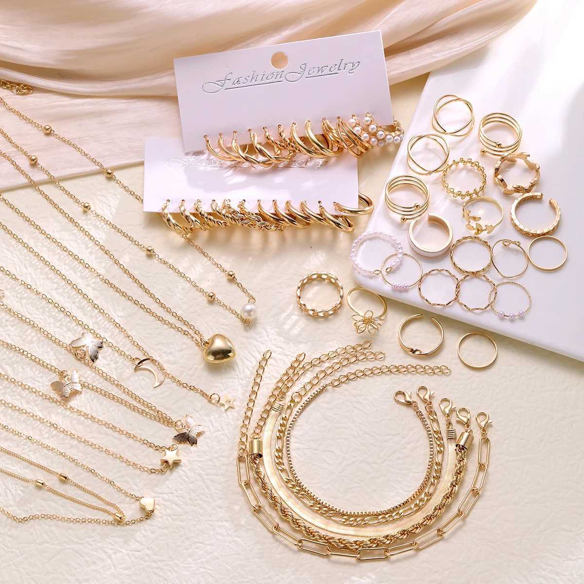 New 44 piece Bohe jewelry set for fashionable retro zircon pearl metal earrings necklaces bracelets ankle rings and gifts X241106
