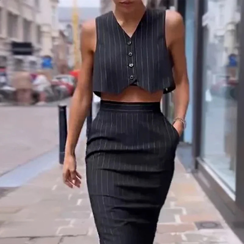 Wefads Two Piece Set Women Office Elegant Simple Striped Printed Sleeveless Single Breasted Button VestTop A Line Skirt Sets 240315