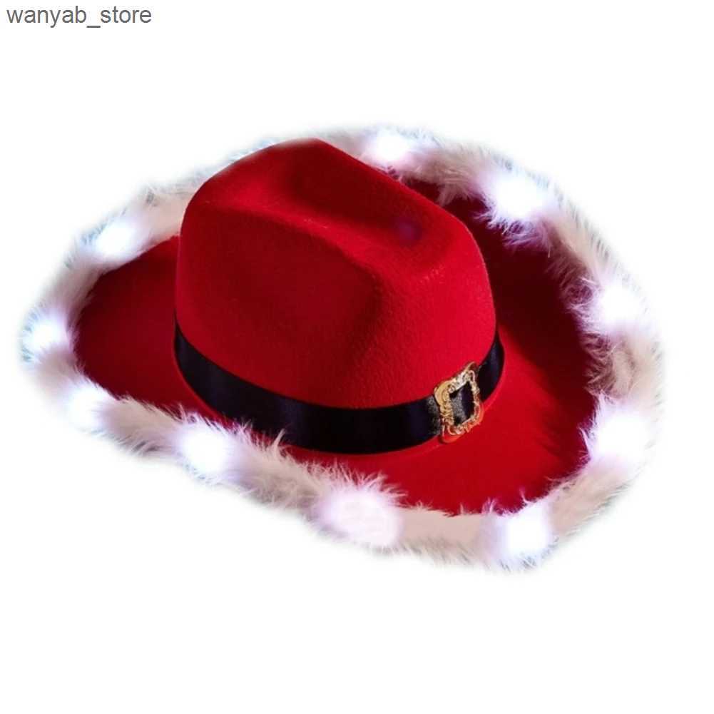 Wide Brim Hats Bucket Hats Fashion Christmas Cowboy Hats LED Luminous Red Velvet And White Feather Santa Hat Women Girls Cosplay Tiara New Year Party 