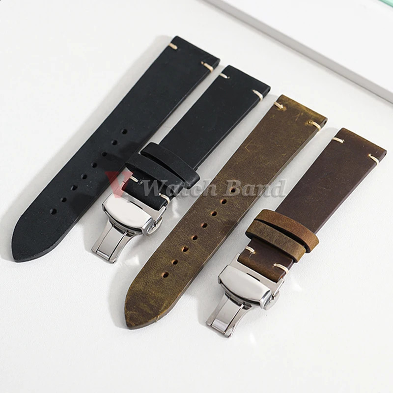 Stitching Cowhide Strap 181920212224mm Wrist Bracelet Vintage Leather Watch Band Butterfly Buckle 241105