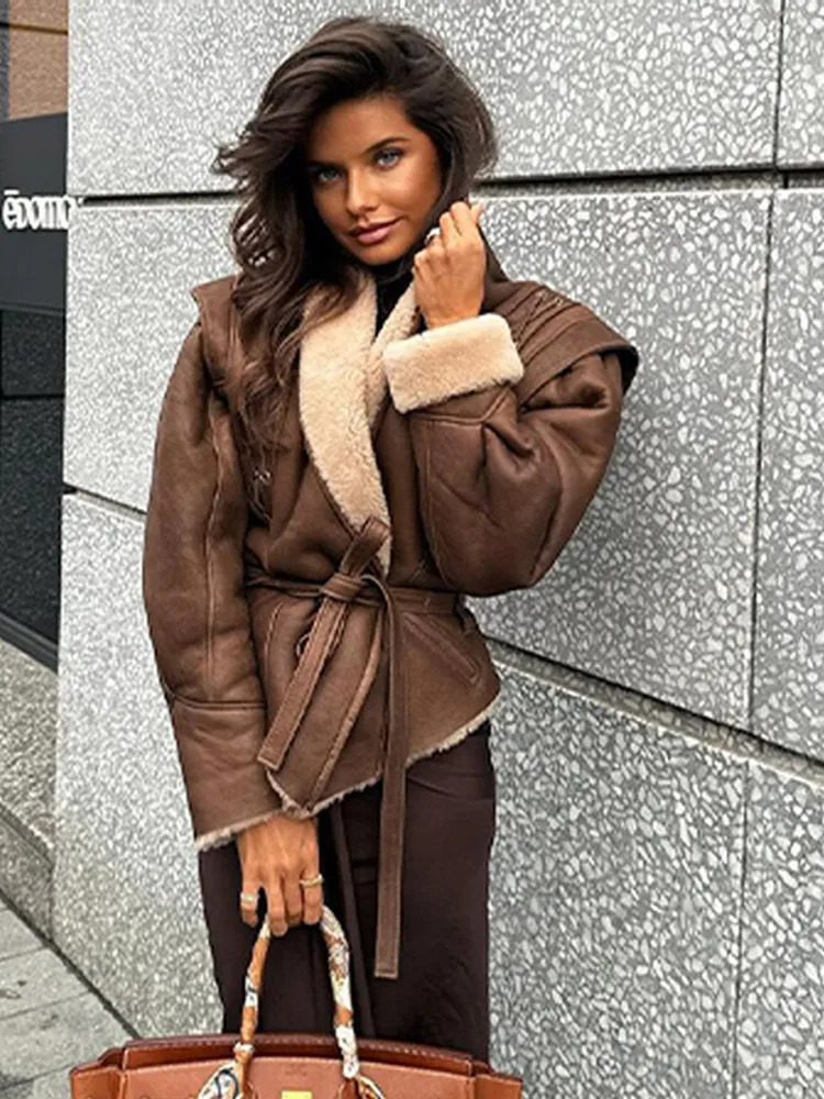 Fashion Warm Plush Leather Woman Jackets With Belt Lapel Long Sleeve Motorcycle Coats Lady 2024 Winter Street Outerwear 241106