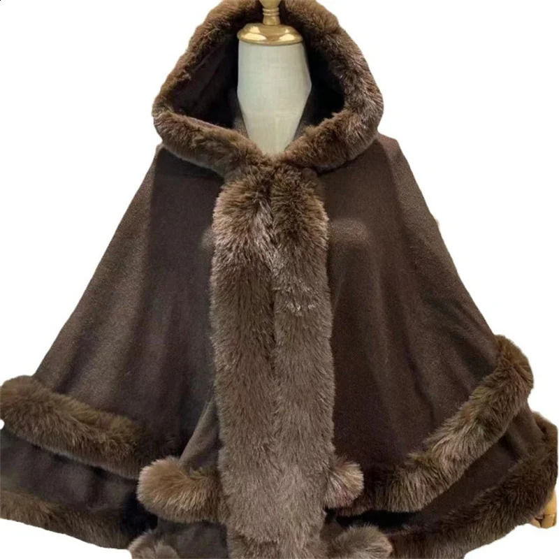 Two Circle Faux Rabbit Fur Outer Shawl Cloak Winter Warm Oversize Long Poncho Capes Women Wear Loose Overcoat With Hat 241105