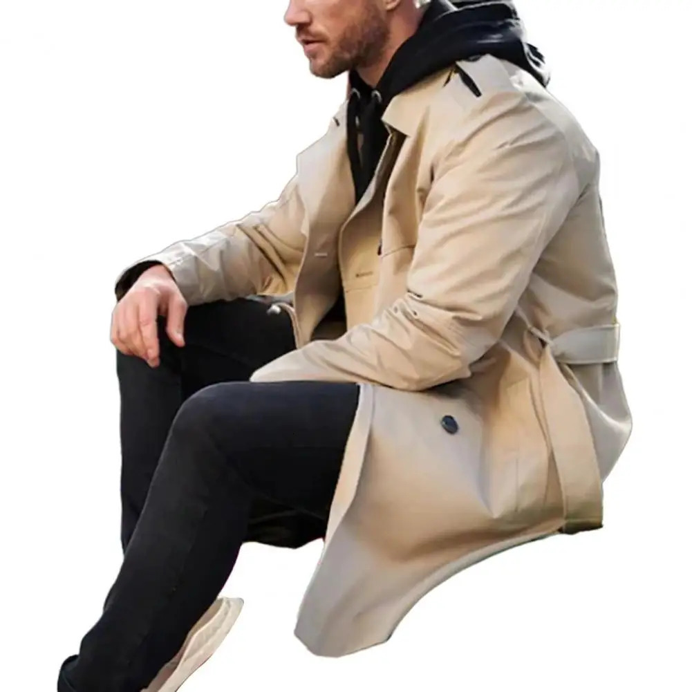 Mens autumn and winter solid color windproof lapel long sleeved double-layer pocket belt slim fit jacket 241106