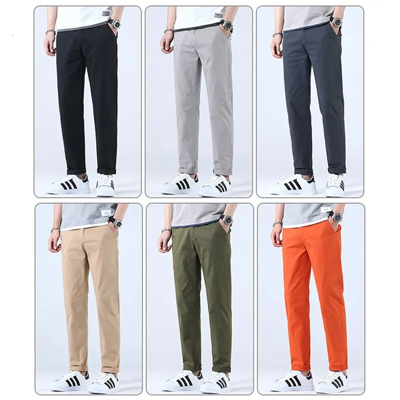 Casual Men Orange Loose Straight Business Pants Green Khaki Elastic Waist Trousers Soft Cotton Lyocell Fabric Korean Cargo Pants 241106