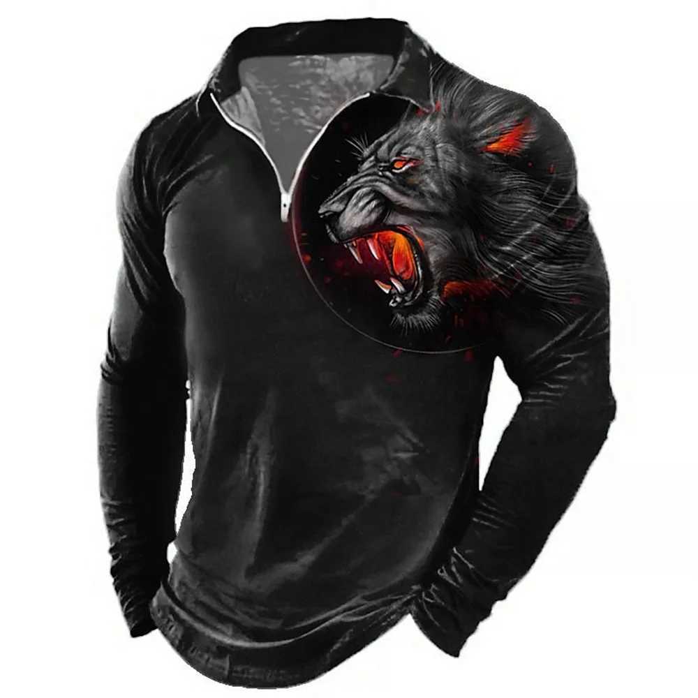 Retro mens 3D printed color long Sved zipper shirt autumn outdoor fashion clothing oversized breathable T-shirt W241106