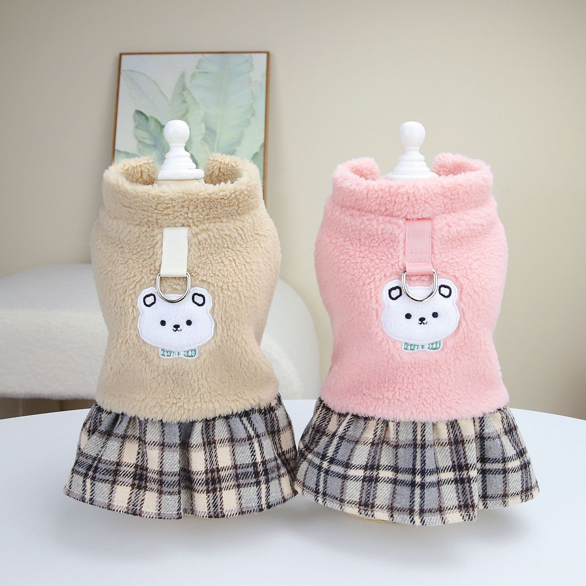 Heavy Warm Dog Winter Dress New Pet Clothes Inside Fleece Pattern Bear Cotton Dress for Small Dog Cats Plaid dog skirt