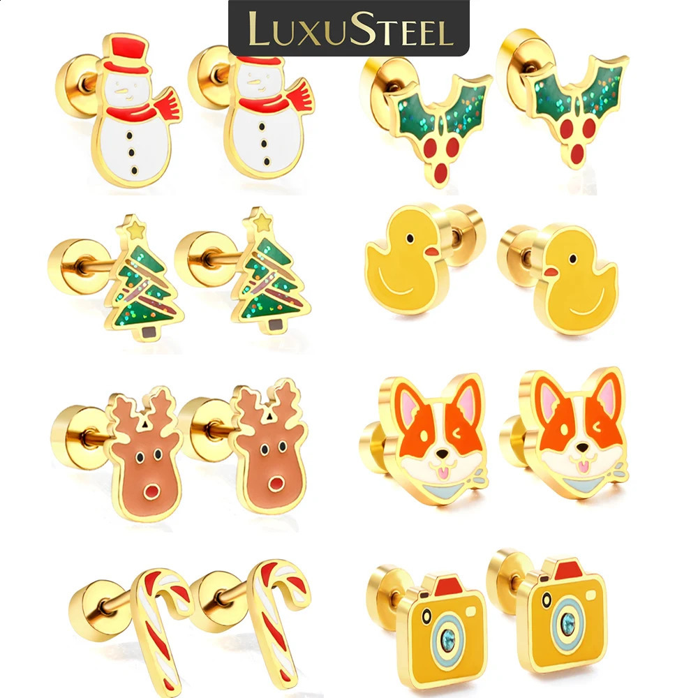 LUXUSTEEL 316L Steel Earrings Golden Plated Christmas Tree Snowman And Cute Cartoon Duck Stud Women Girl 241105
