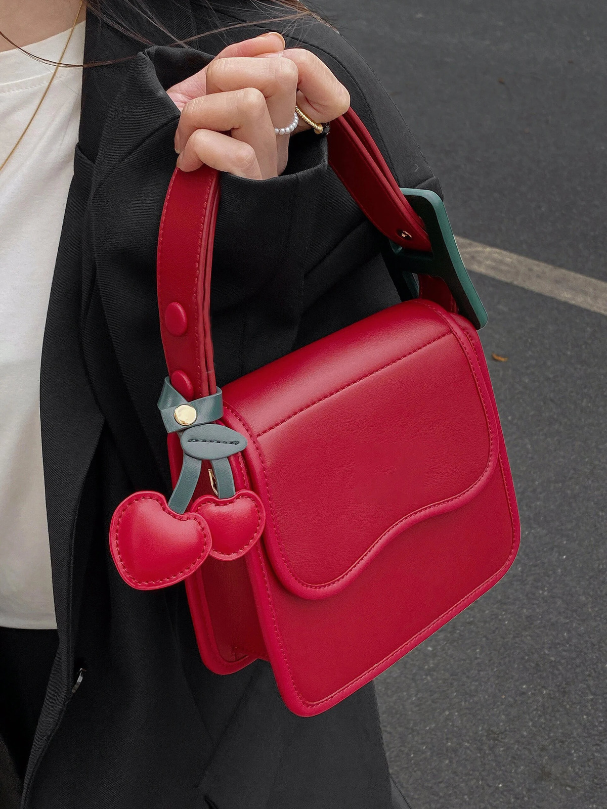 Burgundy PU Womens Underwear Bag High Quality Exquisite Cherry Pendant Flip Cross Body Bag Elegant Warm Handbag Trend241106