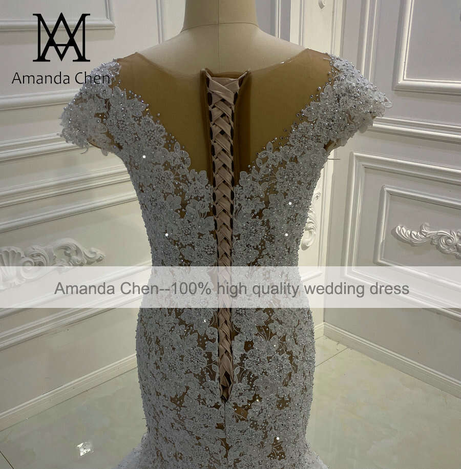 bruidsjurken Cap Sleeve Lace Appliques Crystal Mermaid Wedding Dress