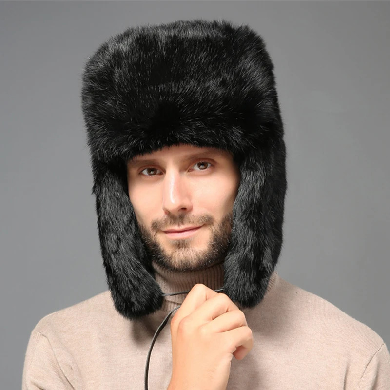 Fashionable Thick Warm Bomber Hat Mens True Rabbit Fur Earrings Catcher Russian Hat Mens Large Winter Hat Mens Ski Russian Hat 241106