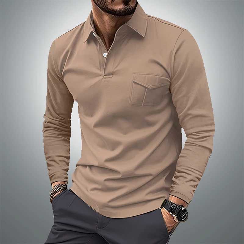 Spring/Summer Mens Long Sved Business Shirt Casual Collar Pocket Solid Color T-shirt European and American Plus Size W241106