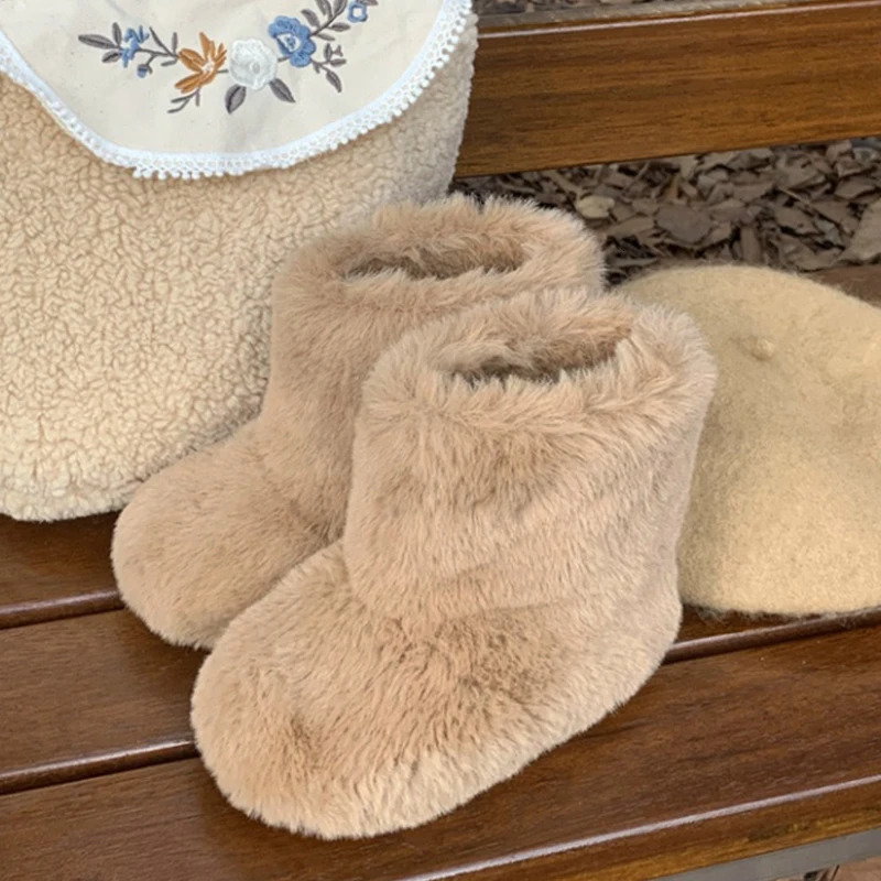 Fluffy Warm Plush Boots Baby Girls Thick Fur Booties Toddler Child Winter Fashion Round Toe Slip-on Outdoor Cotton Shoes 241106