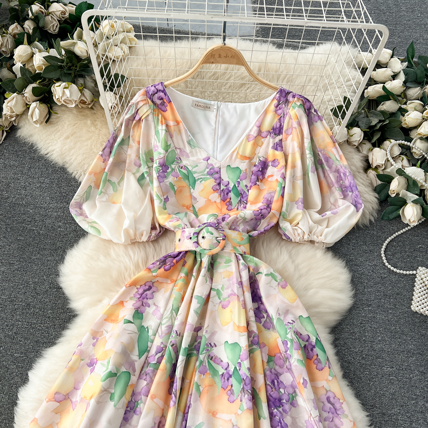 Dresses Fashion Summer Holiday Ral Print Robe Dress Short Puff Sleeve V-Neck A-E Belt Beach Party Vestidos Women En Maxi Clothes