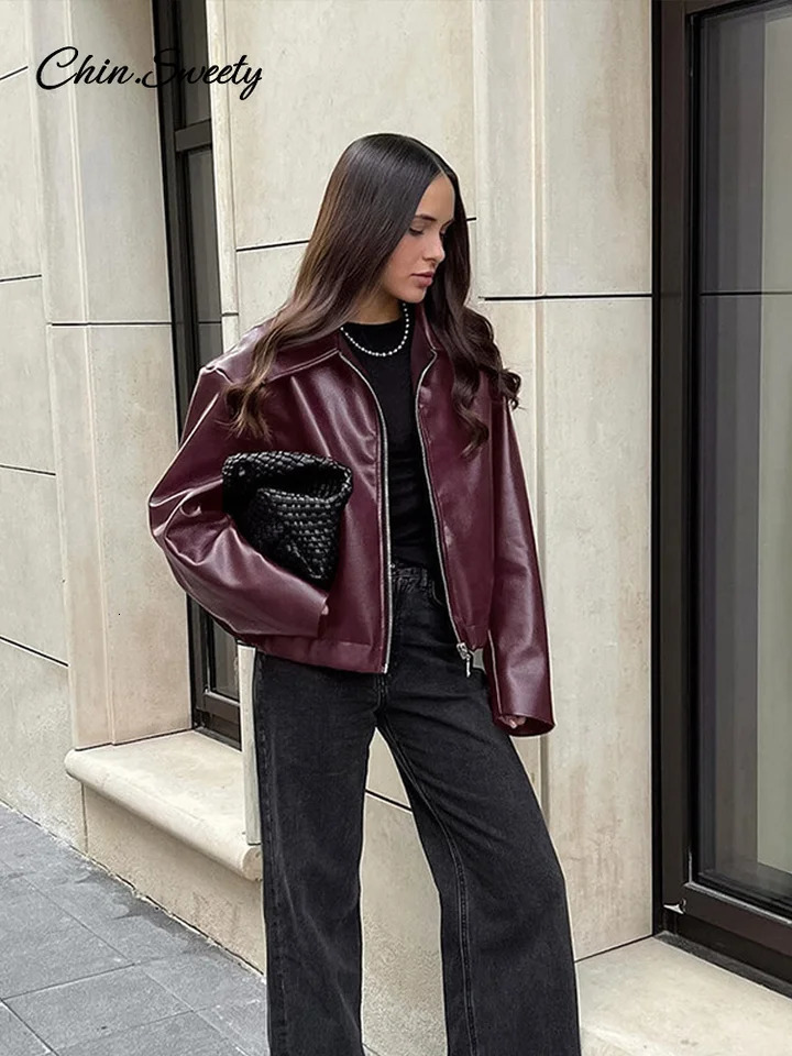 Fashion Lapel Leather Bomber Jacket Women Loose Zipper Long Sleeves Locomotive Coat 2024 Autumn Lady High Street Outerwear 241106