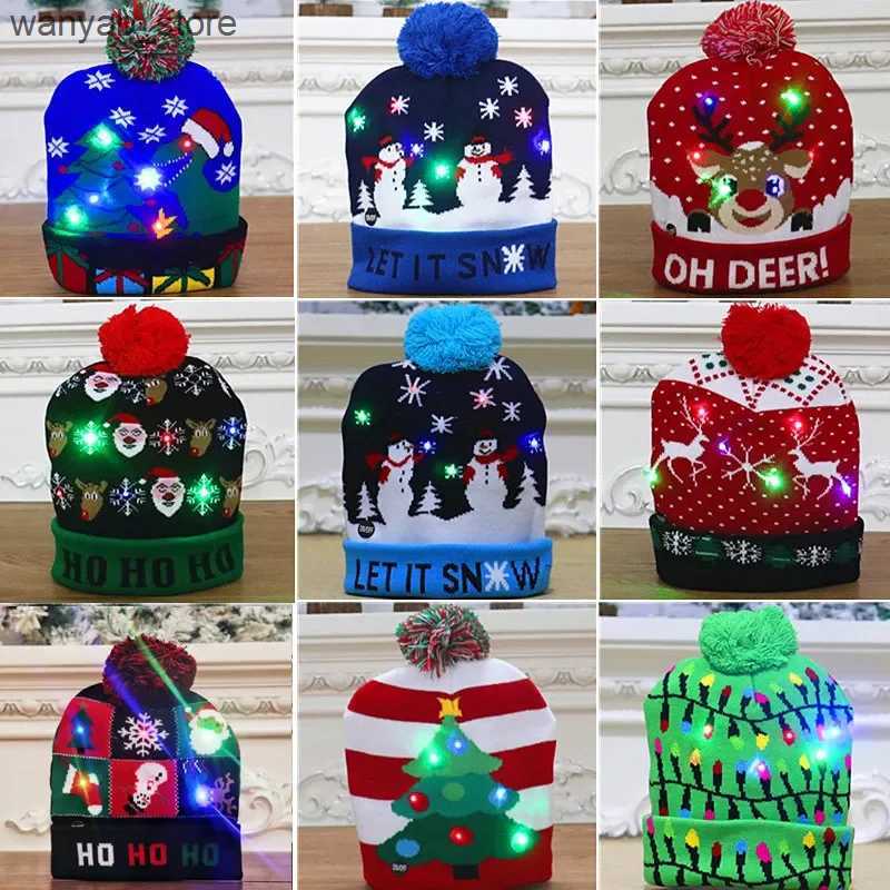 Wide Brim Hats Bucket Hats Knitted Christmas Hat Adult Child Santa Hat with LED Light New Year Party Kids Gift Navidad Natal Noel Christmas Decoration