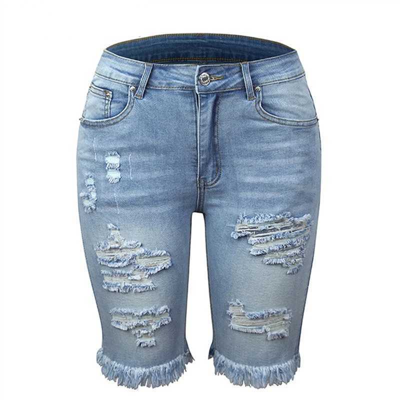 Ripped Jeans Summer Street Tassel High Elastic Skinny Pants Mid Waist Five Points Pants Women Slim Hole Ladies Casual ShortsX240923