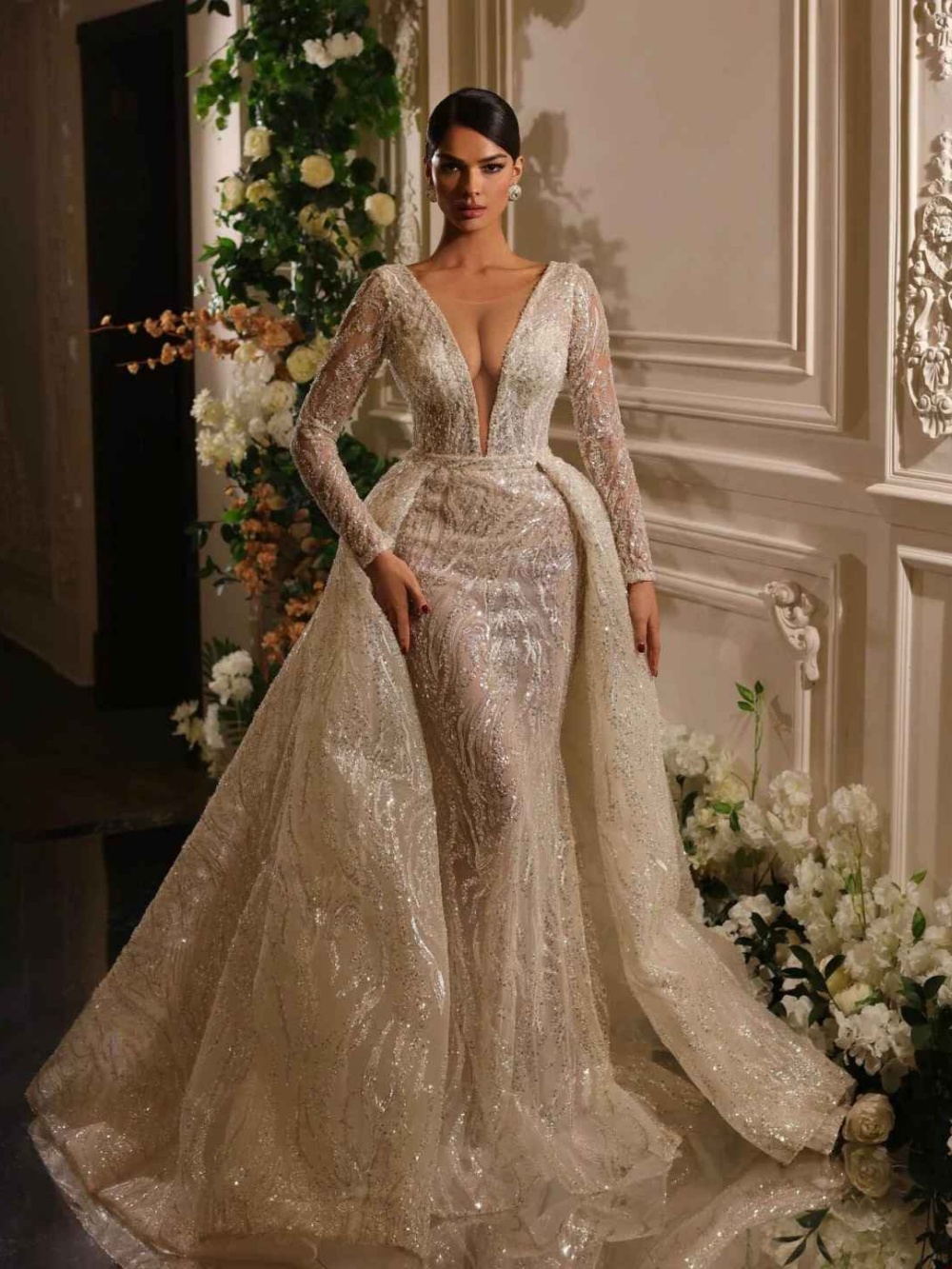 Exquisite Mermaid Wedding Dress Beaded Sequins O Neck Bride Gowns Detachable Sweep Train Sequined Bridal Dresses Customized