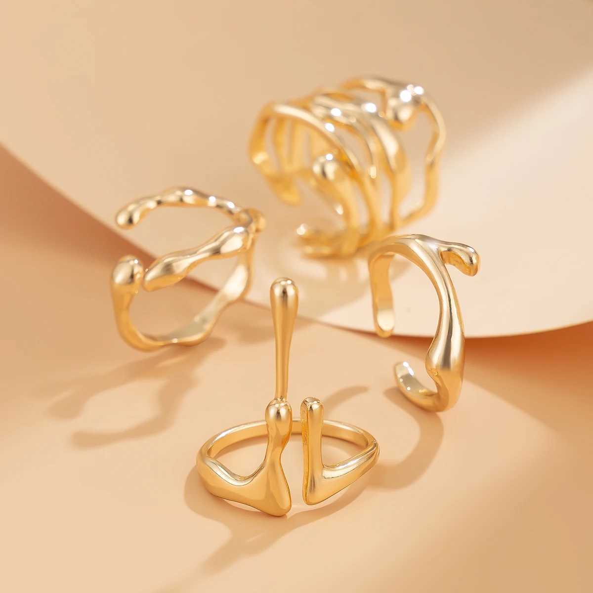 Ingemark 4Pcs/Set Retro Irregar Lava Open Ring Suitable for Wenmen Gothic Gold Adjustable Couple Ring Y2K Wedding Jewelry Gift X241106