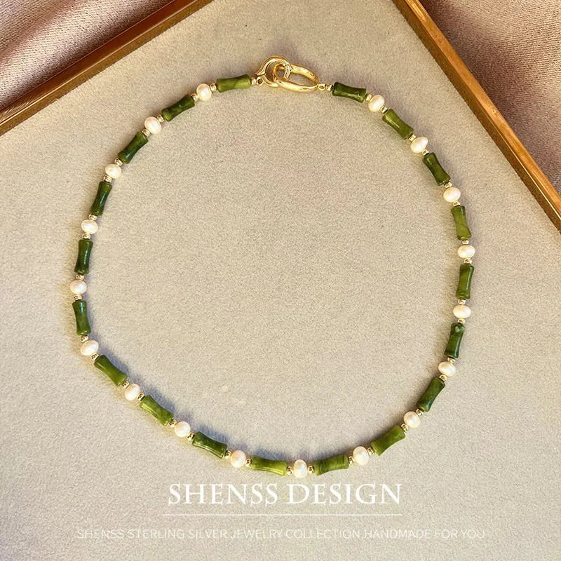 Jewelry Set Natural Freshwater Pearl Jade Bamboo Festival Necklace Bracelet Earrings Copper Plated 14k Gold Accessories Jewelry 241106
