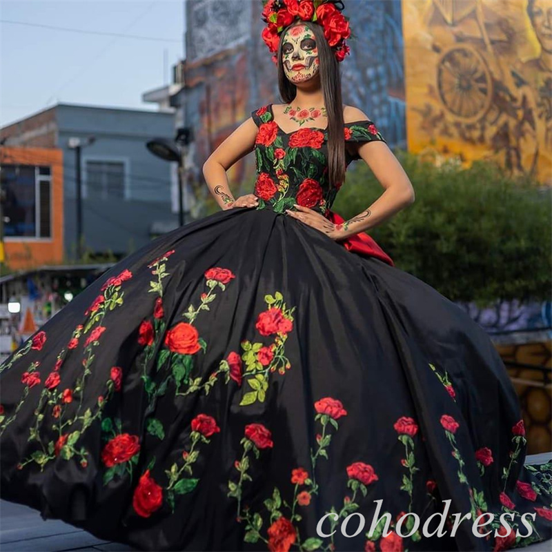 Black Mexican Quinceanera Dresses Embroidery Vestidos De 15 Anos Elegant Birthday Party Gowns Halloween Cosplay Vestio De Novias Sweet 16 Dress Vestid