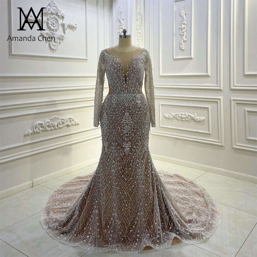 Popular Long Sleeve Beading Champagne Mermaid African Wedding dress