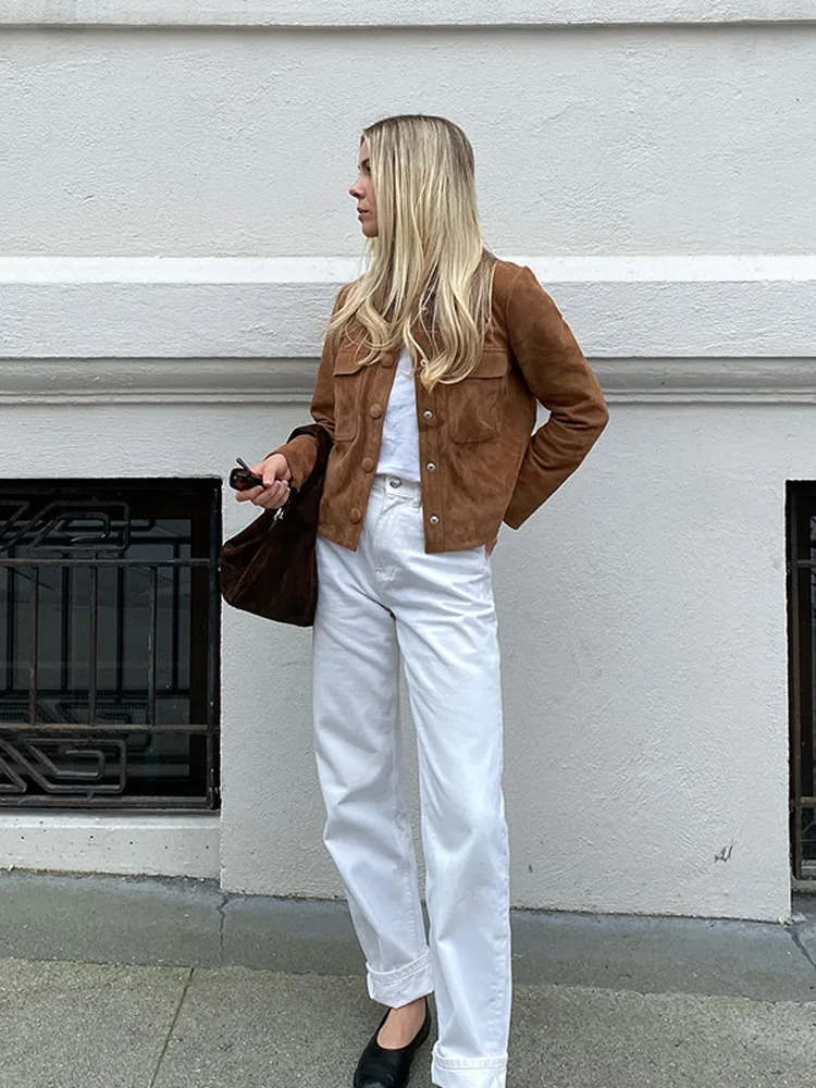 Fashion Brown Lapel Single Breasted Demi-season Jacket For Women Vintage Long Sleeves Suede Jackets 2024 Lady Casual Street Coat 241106