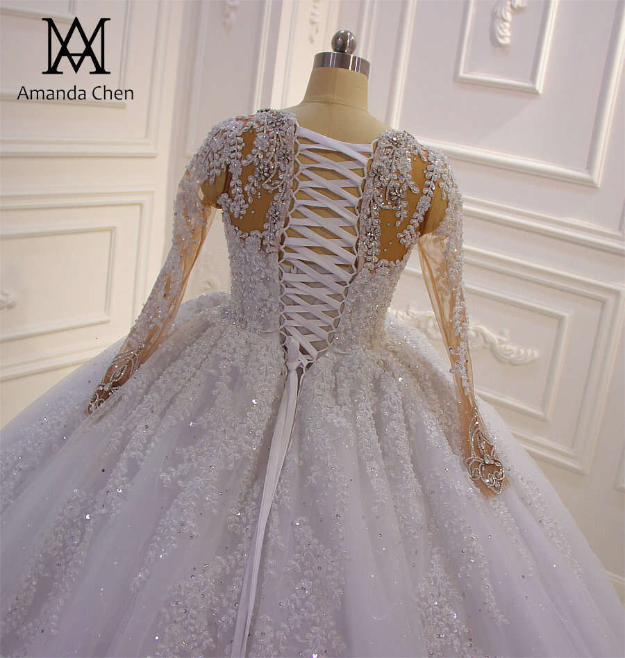 vestido de novia princesa Long Sleeve Lace Applique Rhie Crystal Pure White Wedding Dress