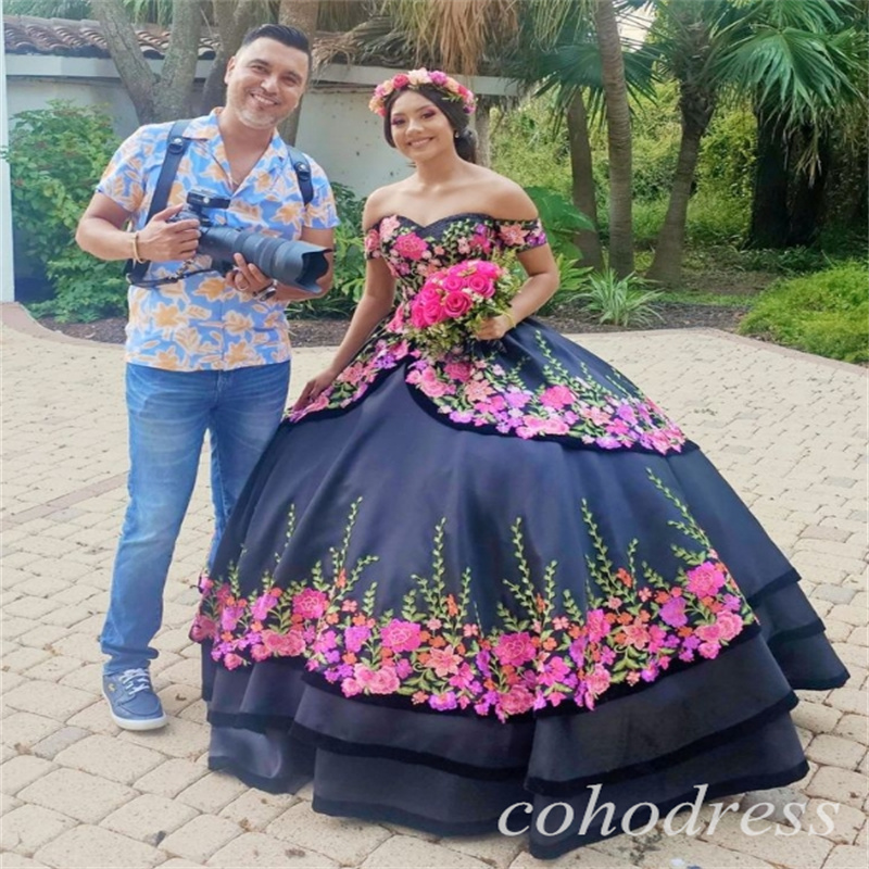 Beautiful Black Mexican Quinceanera Dresses Charro Vestidos De 15 Xv Anos Satin Vestio De Novias Off Shoulders Sweet 16 Dress Tiered Halloween Costume