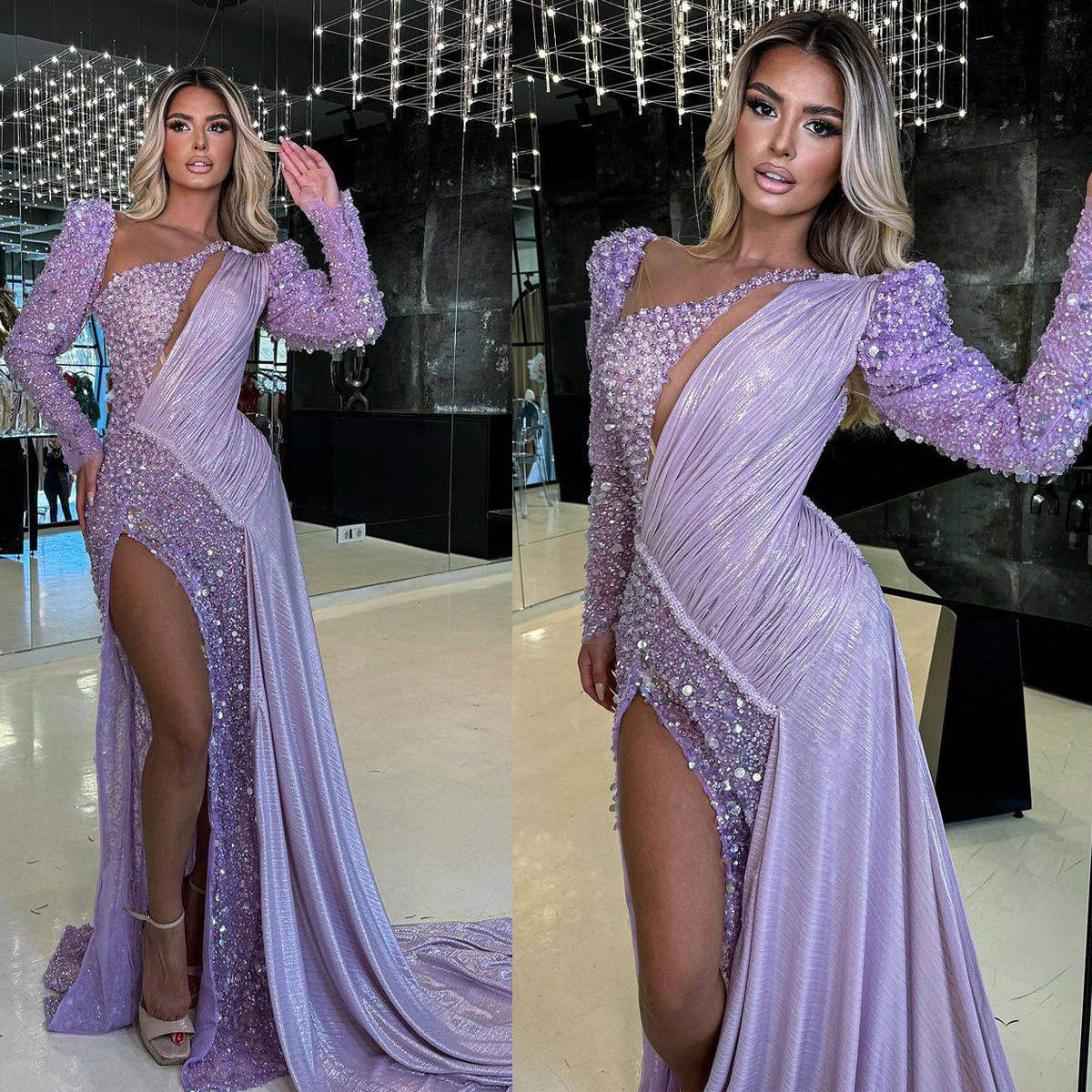 Luxurious Purple Prom Dresses Mermaid Lace Beading Sequined Evening Gowns African High Split Special Occasion Dress