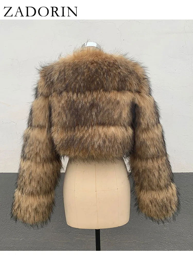 ZADORIN High Quality Cropped Faux Raccoon Fur Coat Women Winter Fashion O Neck Long Sleeve Fluffy Short Jacket Crop Top 241104