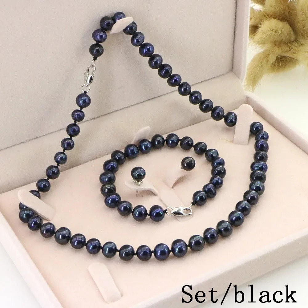 Womens Pearl Necklace 8-9mm Natural Freshwater White Pearl Necklace Earrings Bracelet Set Wedding Jewelry Birthday Gift 241106