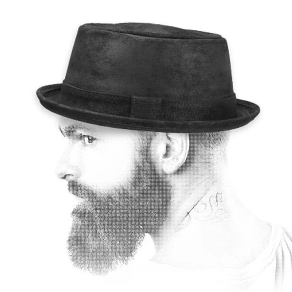 Mens Fedora Hat Leather Flat Top Pig Pie Hat Mens Bowling Church Jazz Sun Hat Big 4 S M L XL 241105